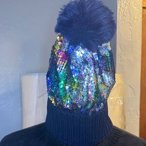 Sequin Pom-Pom Kids Beanie - Multicolor and Navy